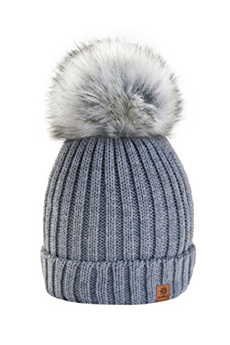 Para Mujer Invierno Más Cálido Sombrero Gorra with Large Pom Pom de la Bola Gorra tejida Gorra Grande Snowboard Ski Bobble Circle Little Crystals 4sold (Gray)