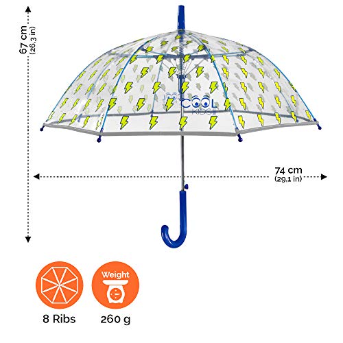 Paragua Transparente Cupula Niño Rayos Amarillos Antiviento - Paraguas Infantil Burbuja Relámpagos - Detalles Azules Ribete Reflectante - Seguro Fibra Vidrio - Automatico - PoE - 4/7 Años - Perletti