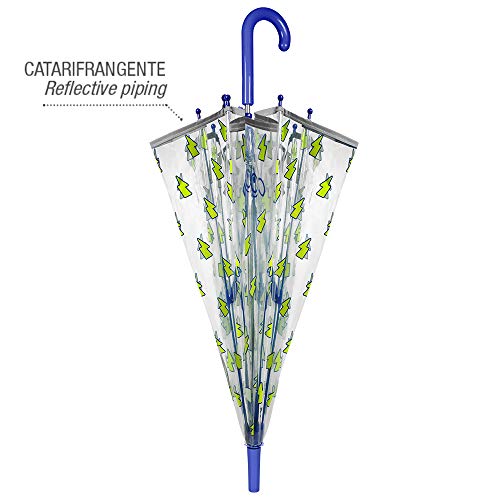 Paragua Transparente Cupula Niño Rayos Amarillos Antiviento - Paraguas Infantil Burbuja Relámpagos - Detalles Azules Ribete Reflectante - Seguro Fibra Vidrio - Automatico - PoE - 4/7 Años - Perletti