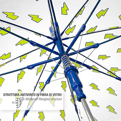 Paragua Transparente Cupula Niño Rayos Amarillos Antiviento - Paraguas Infantil Burbuja Relámpagos - Detalles Azules Ribete Reflectante - Seguro Fibra Vidrio - Automatico - PoE - 4/7 Años - Perletti