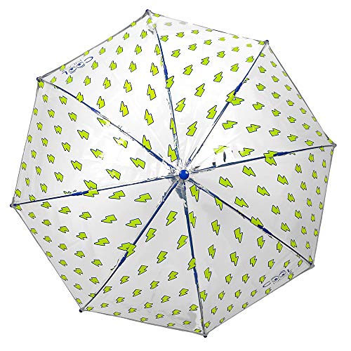Paragua Transparente Cupula Niño Rayos Amarillos Antiviento - Paraguas Infantil Burbuja Relámpagos - Detalles Azules Ribete Reflectante - Seguro Fibra Vidrio - Automatico - PoE - 4/7 Años - Perletti