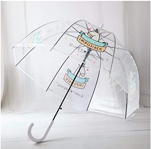 Paraguas Transparente, a Prueba de Viento y a Prueba de Lluvia, Forma de la bóveda de Moda con Unicornio patrón, Paraguas Largo, Blanco