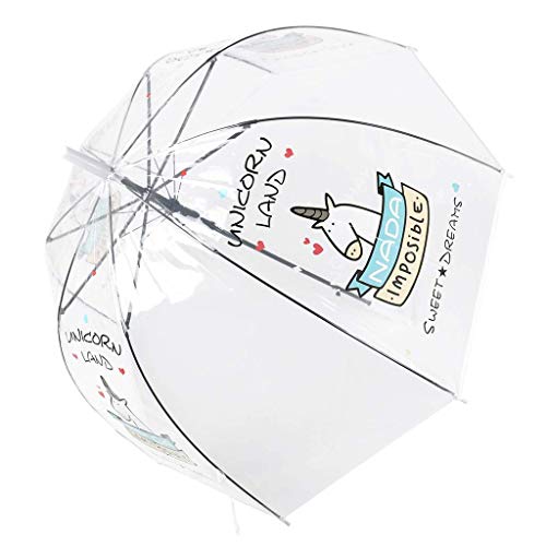 Paraguas Transparente, a Prueba de Viento y a Prueba de Lluvia, Forma de la bóveda de Moda con Unicornio patrón, Paraguas Largo, Blanco