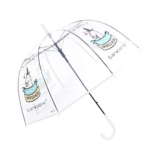Paraguas Transparente, a Prueba de Viento y a Prueba de Lluvia, Forma de la bóveda de Moda con Unicornio patrón, Paraguas Largo, Blanco
