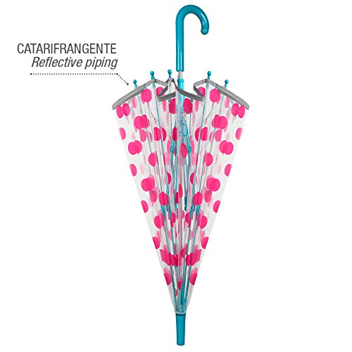 Paraguas Transparente Niña Lunares Fucsia Antiviento - Paraguas Infantil Cupula Dots - Detalles Azules y Ribete Plateado Reflectante - Automatico - PoE - 4/7 Años - Diametro 74 cm - Perletti Kids