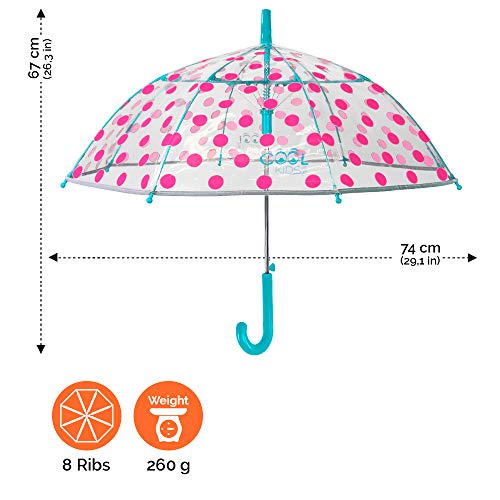 Paraguas Transparente Niña Lunares Fucsia Antiviento - Paraguas Infantil Cupula Dots - Detalles Azules y Ribete Plateado Reflectante - Automatico - PoE - 4/7 Años - Diametro 74 cm - Perletti Kids