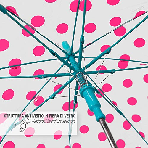 Paraguas Transparente Niña Lunares Fucsia Antiviento - Paraguas Infantil Cupula Dots - Detalles Azules y Ribete Plateado Reflectante - Automatico - PoE - 4/7 Años - Diametro 74 cm - Perletti Kids
