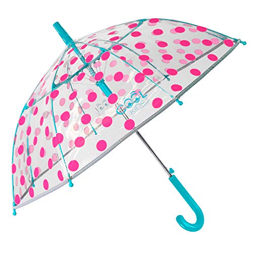 Paraguas Transparente Niña Lunares Fucsia Antiviento - Paraguas Infantil Cupula Dots - Detalles Azules y Ribete Plateado Reflectante - Automatico - PoE - 4/7 Años - Diametro 74 cm - Perletti Kids