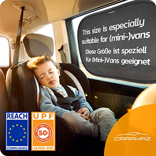 Parasol coche infantil XL con protección UV - 2 parasoles coche autoadhesivos para monovolúmenes como Touran, Zafira o Mazda5 (59x38 cm)