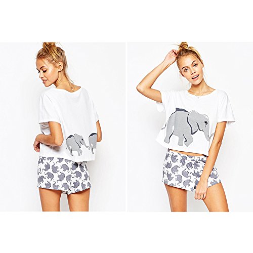 Pareja Pijamas Mujer Elefante Algodón Blanco Moda Tops Pantalones Cortos Lenceria Ropa de Dormir (Blanco, Large)