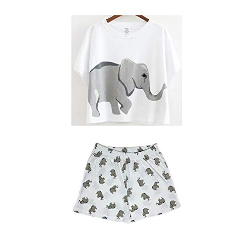 Pareja Pijamas Mujer Elefante Algodón Blanco Moda Tops Pantalones Cortos Lenceria Ropa de Dormir (Blanco, Large)