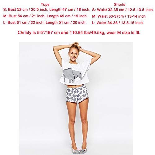 Pareja Pijamas Mujer Elefante Algodón Blanco Moda Tops Pantalones Cortos Lenceria Ropa de Dormir (Blanco, Large)
