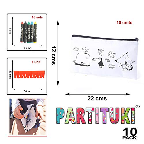 Partituki 10 Estuches Infantiles para Colorear, 10 Sets de 5 Ceras de Colores y una Guirnalda (Color Aleatorio) de 20 m. Detalle Ideal para Regalos de Fiestas de Cumpleaños Infantiles