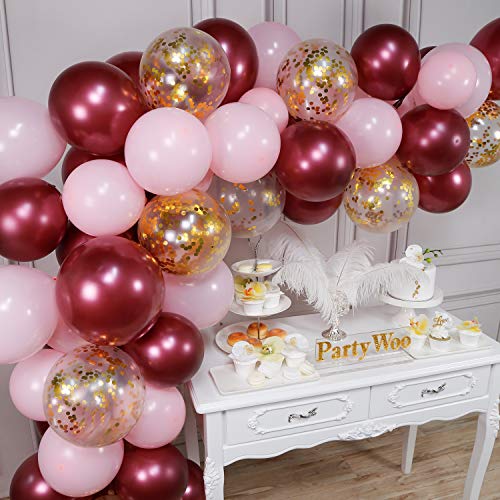 PartyWoo Globos Oro Rosa Borgoña, 70 Piezas Globos Borgoña, Globos Rosa, Globos Confeti Oro para Despedida de Soltera de Borgoña, Decoraciones de Fiesta Borgoña y Oro, Decoraciones de Boda de Borgoña