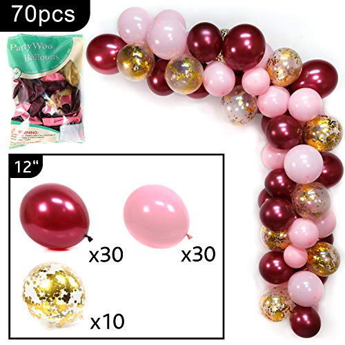 PartyWoo Globos Oro Rosa Borgoña, 70 Piezas Globos Borgoña, Globos Rosa, Globos Confeti Oro para Despedida de Soltera de Borgoña, Decoraciones de Fiesta Borgoña y Oro, Decoraciones de Boda de Borgoña