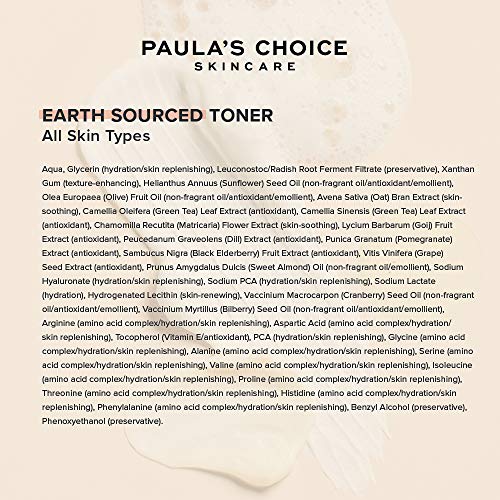 Paula’s Choice Earth Sourced Tónico Facial Natural - Gel Tónico Hidrata, Calma y Limpia la Piel - con Vitamina E & Té Verde - Todos Tipos de Piel - 118 ml