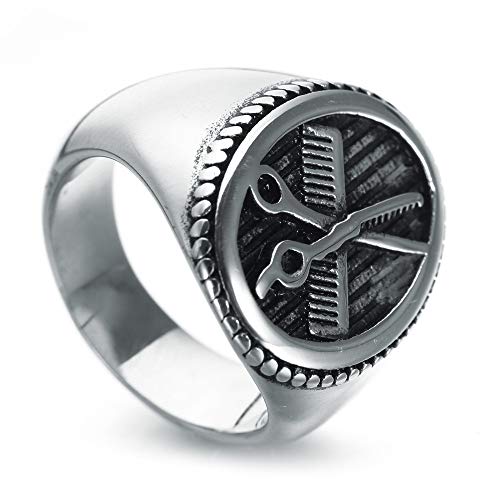 PAURO Anillo Hombres Acero Inoxidable Punk Tijeras Peine Barbero Clásico Partido Plata Talla 17
