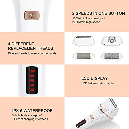 Pedicura Electrico, Afeitadora Eléctrica para Mujer,Impermeable Lima Eléctrica Pies para Eliminar Callos Herramientas de Pedicura Recargables con 4 Recambios,Quitar la Piel Muerta,Depiladora de Bikini