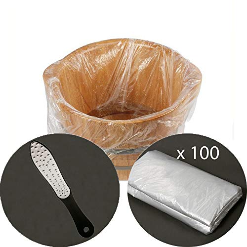 Pediluvio Barril de Madera Kit | Bañera para Pies de Pedicura Kit con 1 Espátula y 100 Bolsas de Plástico para Pediluvio (24cm x 36cm)