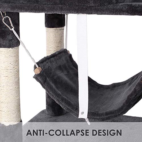 pedy Árbol para Gatos, Rascador con Nidos, Torre de Escalada 170cm con Hamaca, Plataforma, Bolas de Juego y Juguete de Sisal Natural, Diseño Anticaídas, Gris