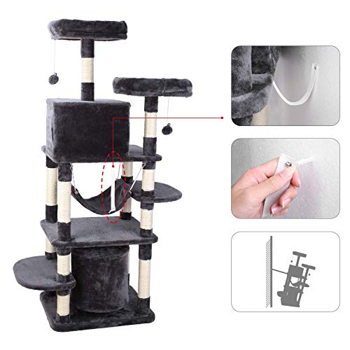 pedy Árbol para Gatos, Rascador con Nidos, Torre de Escalada 170cm con Hamaca, Plataforma, Bolas de Juego y Juguete de Sisal Natural, Diseño Anticaídas, Gris