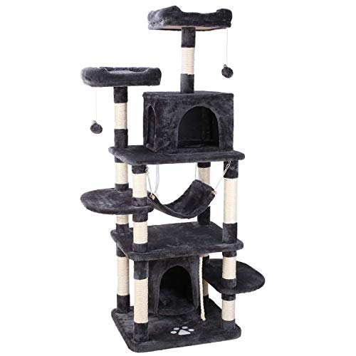 pedy Árbol para Gatos, Rascador con Nidos, Torre de Escalada 170cm con Hamaca, Plataforma, Bolas de Juego y Juguete de Sisal Natural, Diseño Anticaídas, Gris