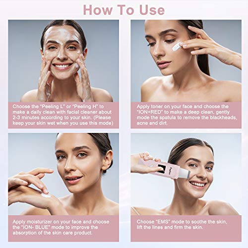 Peeling Ultrasónico Facial con 5 Modos, fayleer Dispositivo de Limpieza de la Piel Facial, Equipo de Facial Multifuncional y Puntos Negros con Lifting EMS Ion Modo Limpiador de Poros Carga USB
