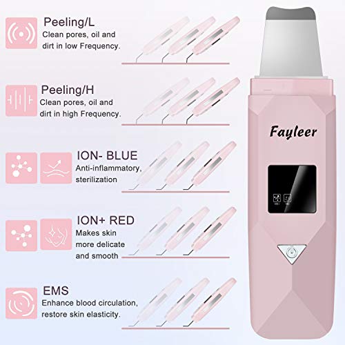 Peeling Ultrasónico Facial con 5 Modos, fayleer Dispositivo de Limpieza de la Piel Facial, Equipo de Facial Multifuncional y Puntos Negros con Lifting EMS Ion Modo Limpiador de Poros Carga USB