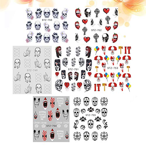 Pegatinas de calcomanías de uñas de Halloween de Beaupretty, calcomanías de arte de uñas de agua de calavera Decoración de fiesta de flor de araña de hueso de cráneo negro, 25 hojas
