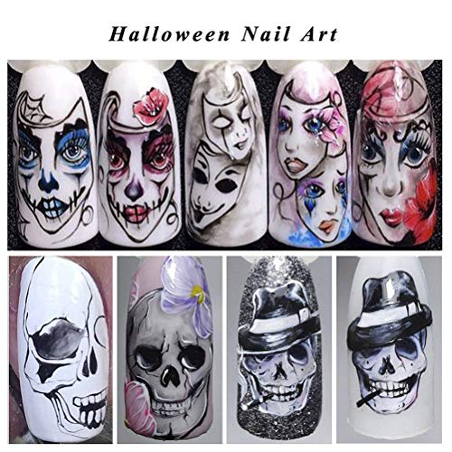 Pegatinas de calcomanías de uñas de Halloween de Beaupretty, calcomanías de arte de uñas de agua de calavera Decoración de fiesta de flor de araña de hueso de cráneo negro, 25 hojas