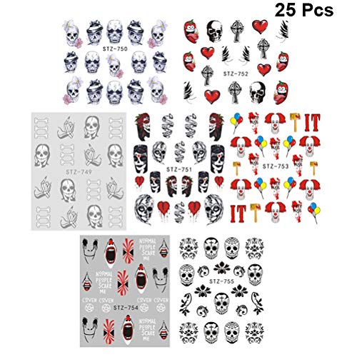 Pegatinas de calcomanías de uñas de Halloween de Beaupretty, calcomanías de arte de uñas de agua de calavera Decoración de fiesta de flor de araña de hueso de cráneo negro, 25 hojas