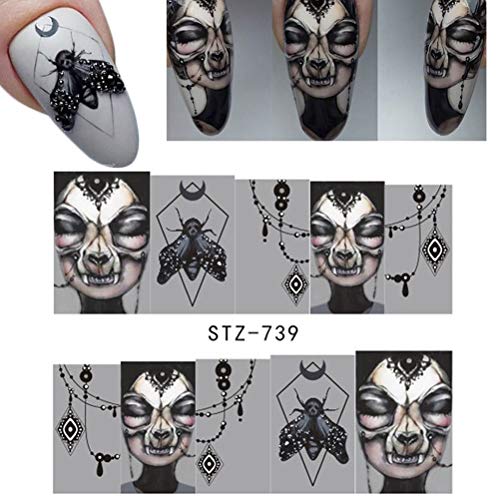 Pegatinas de calcomanías de uñas de Halloween de Beaupretty, calcomanías de arte de uñas de agua de calavera Decoración de fiesta de flor de araña de hueso de cráneo negro, 25 hojas