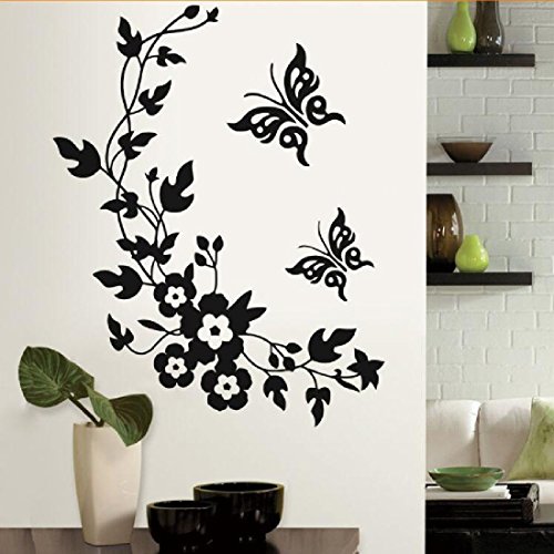 Pegatinas decorativas para pared, con dise?o de mariposas y flores, f¨¢ciles de retirar, color negro