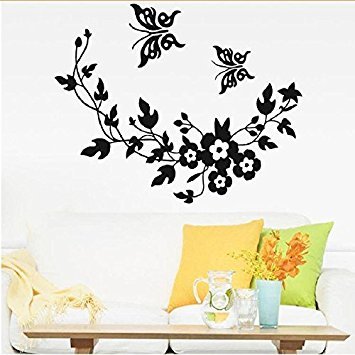 Pegatinas decorativas para pared, con dise?o de mariposas y flores, f¨¢ciles de retirar, color negro