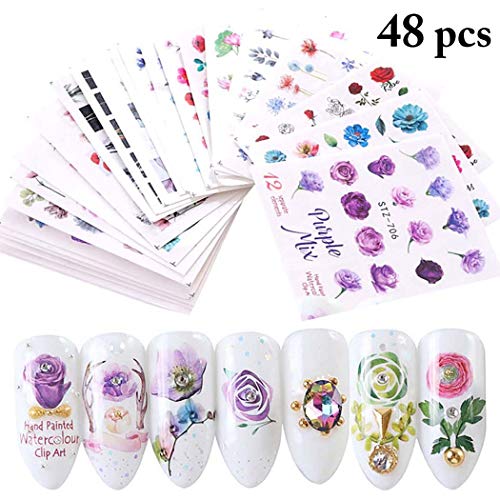 Pegatinas Uñas,Kapmore 48 Hojas Pegatinas Uñas Decorativas Nail Art Stickers Elegante Estampado de Fores Decoracion