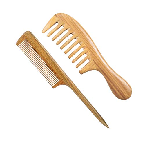 Peine de madera de sándalo verde 100 % natural con dientes anchos y peine de cola de madera fina, peine de cuerno desenredante para mujeres, hombres y niñas, peine para cabello grueso