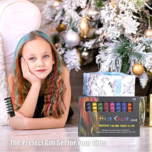 Peine de Tiza Para el Pelo, 10 Colores Lavables Tinte para Cabello, Color de pelo Temporal Hair Chalk Set para Niños Regalos Navidad Fiestas Cosplay DIY