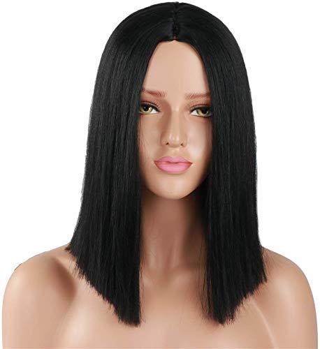 pelo lacio sintético negro corto Bob pelucas peluca de la parte media para mujeres niñas traje diario usar peluca 14 pulgadas