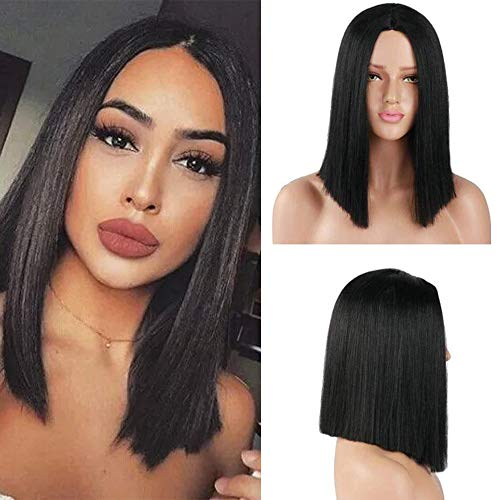 pelo lacio sintético negro corto Bob pelucas peluca de la parte media para mujeres niñas traje diario usar peluca 14 pulgadas
