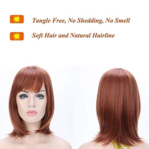 Peluca con Flequillo de Longitud Media Melena Pelucas Sintéticas Mujer Pelo Natural Cabello para el Uso Diario Fieta Cosplay y Disfraz (38cm,Castaño Caoba con Mechas)