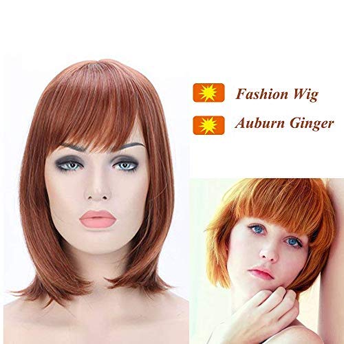 Peluca con Flequillo de Longitud Media Melena Pelucas Sintéticas Mujer Pelo Natural Cabello para el Uso Diario Fieta Cosplay y Disfraz (38cm,Castaño Caoba con Mechas)