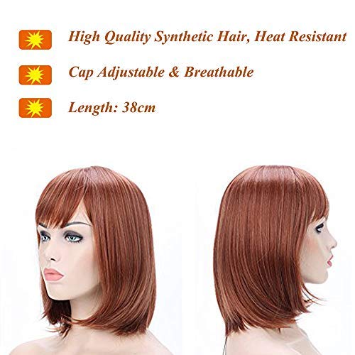 Peluca con Flequillo de Longitud Media Melena Pelucas Sintéticas Mujer Pelo Natural Cabello para el Uso Diario Fieta Cosplay y Disfraz (38cm,Castaño Caoba con Mechas)