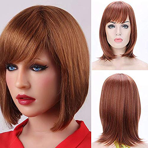 Peluca con Flequillo de Longitud Media Melena Pelucas Sintéticas Mujer Pelo Natural Cabello para el Uso Diario Fieta Cosplay y Disfraz (38cm,Castaño Caoba con Mechas)