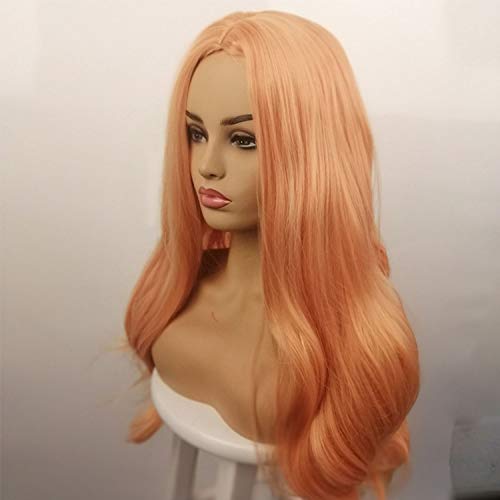 Peluca de Arimika Wig de 60 cm de largo, pelo sintético ondulado a capas, rosa, resistente al calor, con frente de encaje, para cuero cabelludo blanco o pálido