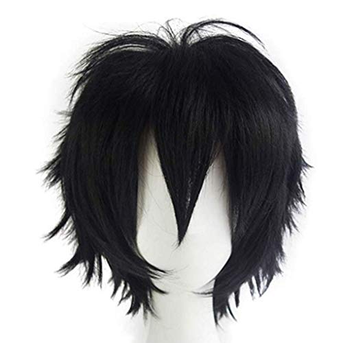 Peluca de cosplay de anime Pelucas cortas unisex de cabeza completa con flequillo Cabello liso y esponjoso con cola de cabello para subir el volumen para la fiesta de disfraces Disfraces (negro)