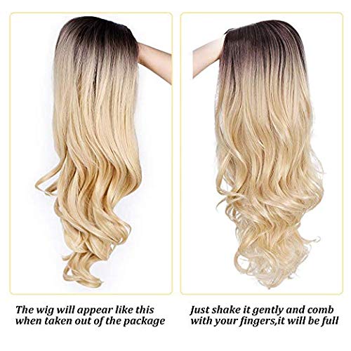 Peluca para mujer, color rubio miel con raíces oscuras, el mejor pelo sintético para un aspecto muy natural