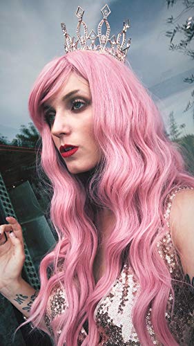 Peluca rosa de 27 pulgadas, pelucas para mujer con gorro de peluca, pelucas sintéticas con flequillo, peluca larga con flecos