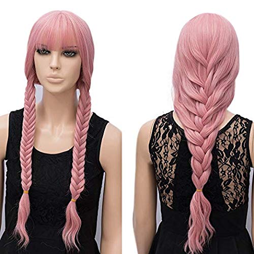 Peluca rosa de 27 pulgadas, pelucas para mujer con gorro de peluca, pelucas sintéticas con flequillo, peluca larga con flecos