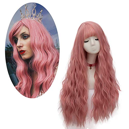 Peluca rosa de 27 pulgadas, pelucas para mujer con gorro de peluca, pelucas sintéticas con flequillo, peluca larga con flecos