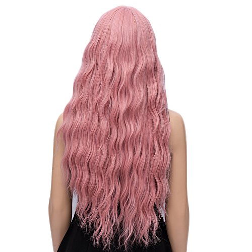 Peluca rosa de 27 pulgadas, pelucas para mujer con gorro de peluca, pelucas sintéticas con flequillo, peluca larga con flecos